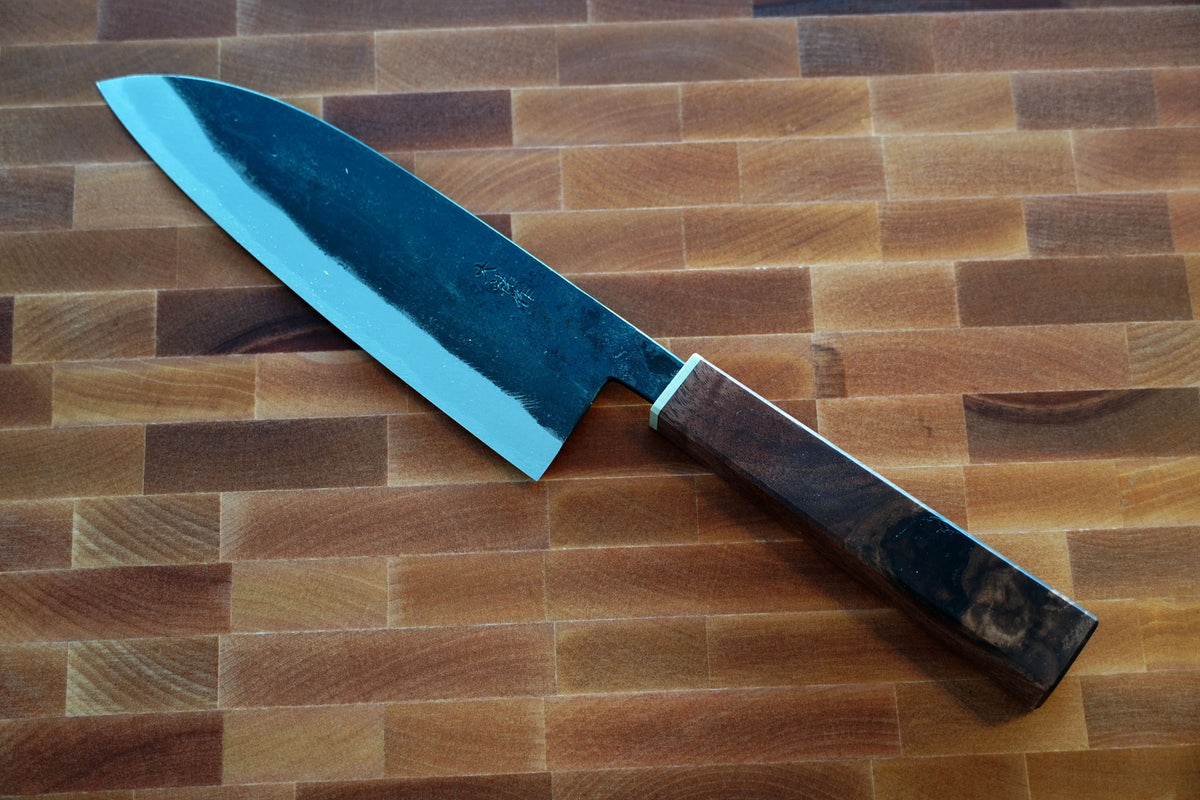 The wide santoku custom knife with unique wa handle and wooden saya Cu