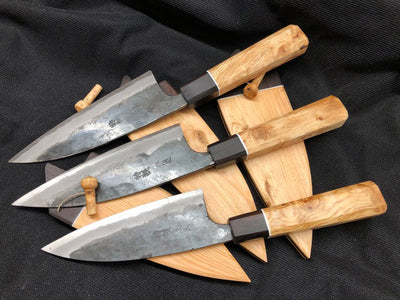Custom blue 2 steel santoku knives with Cohesive design wooden handles and sayas, Customer Pictures from Eric. O, Norway