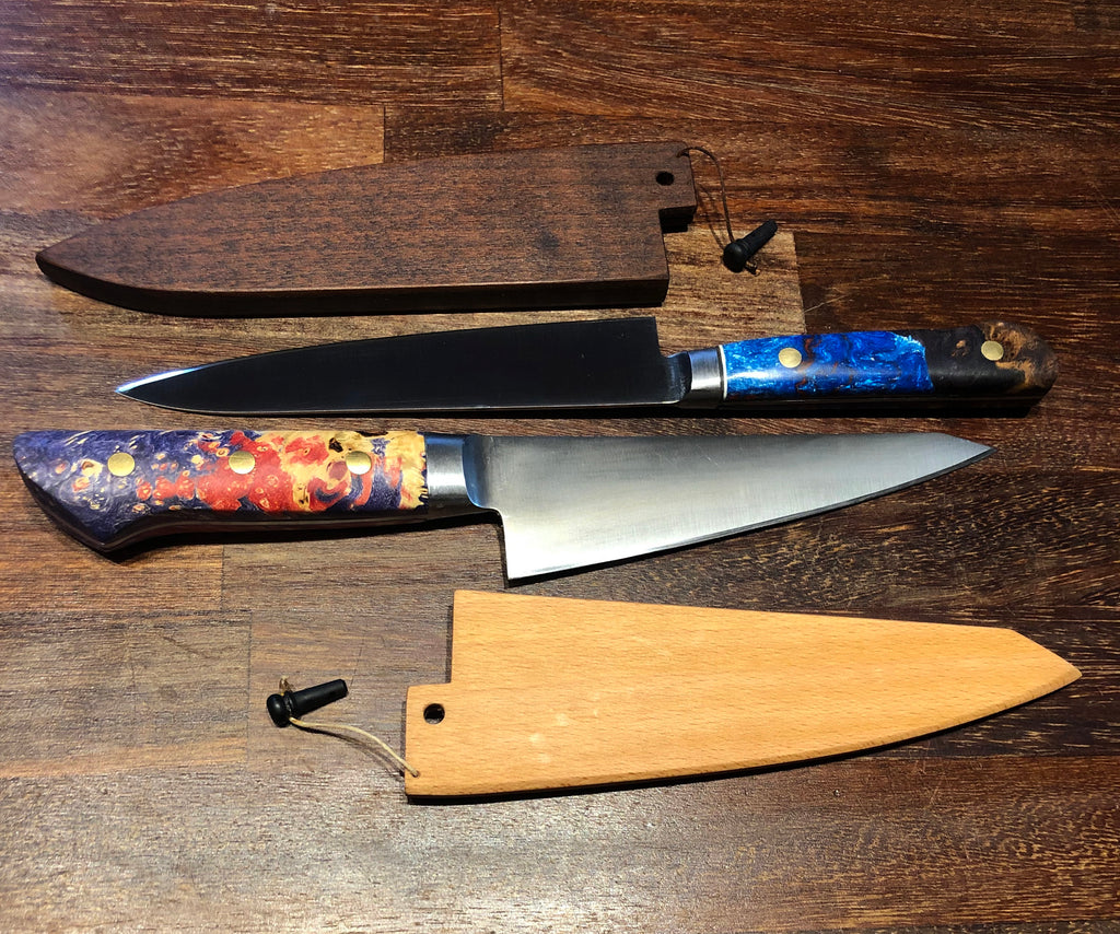Cuchillo personalizado Inox Honesuki hermosa madera estabilizada de la imagen del cliente de Rowan.M Reino Unido