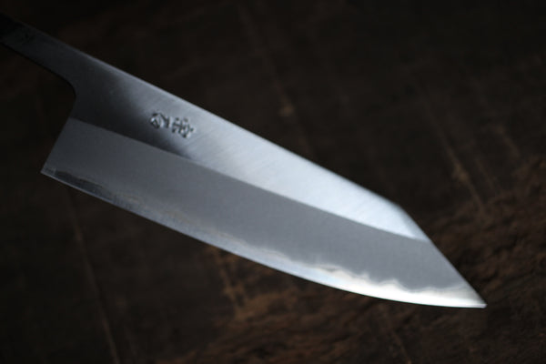 Kosuke Muneishi Håndsmedet blankt blad Blå #2 stål Poleret Kiritsuke Santoku kniv 150mm