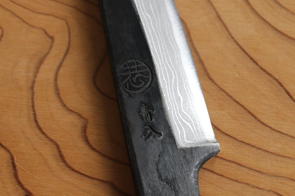 Kyohei negro Damasco forjado a mano Caza completo Tang cuchillo en blanco azul #2 acero 100mm