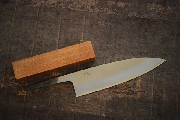 Ibuki-Set zur individuellen Herstellung von Messern für Anfänger. Blaues #2-Gyuto-Messer mit Stahlverkleidung, 185 mm, Bombay-Schwarzholz